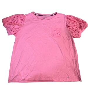 Tommy Hilfiger Eyelet Puff Sleeve Top Pocket Tee Shirt Pink‎ XL